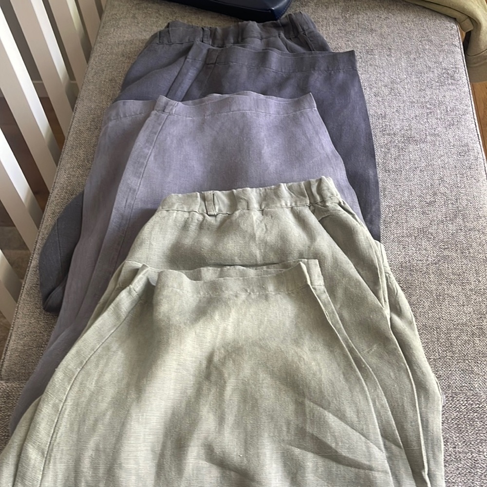 3 pairs of Poetry pants. All size 18. Fern green, light gray and darker gray.